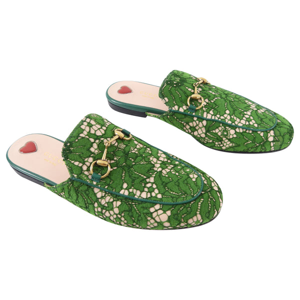 Gucci Princetown Slipper in Green Lace and Gold Horsebit - USA 8