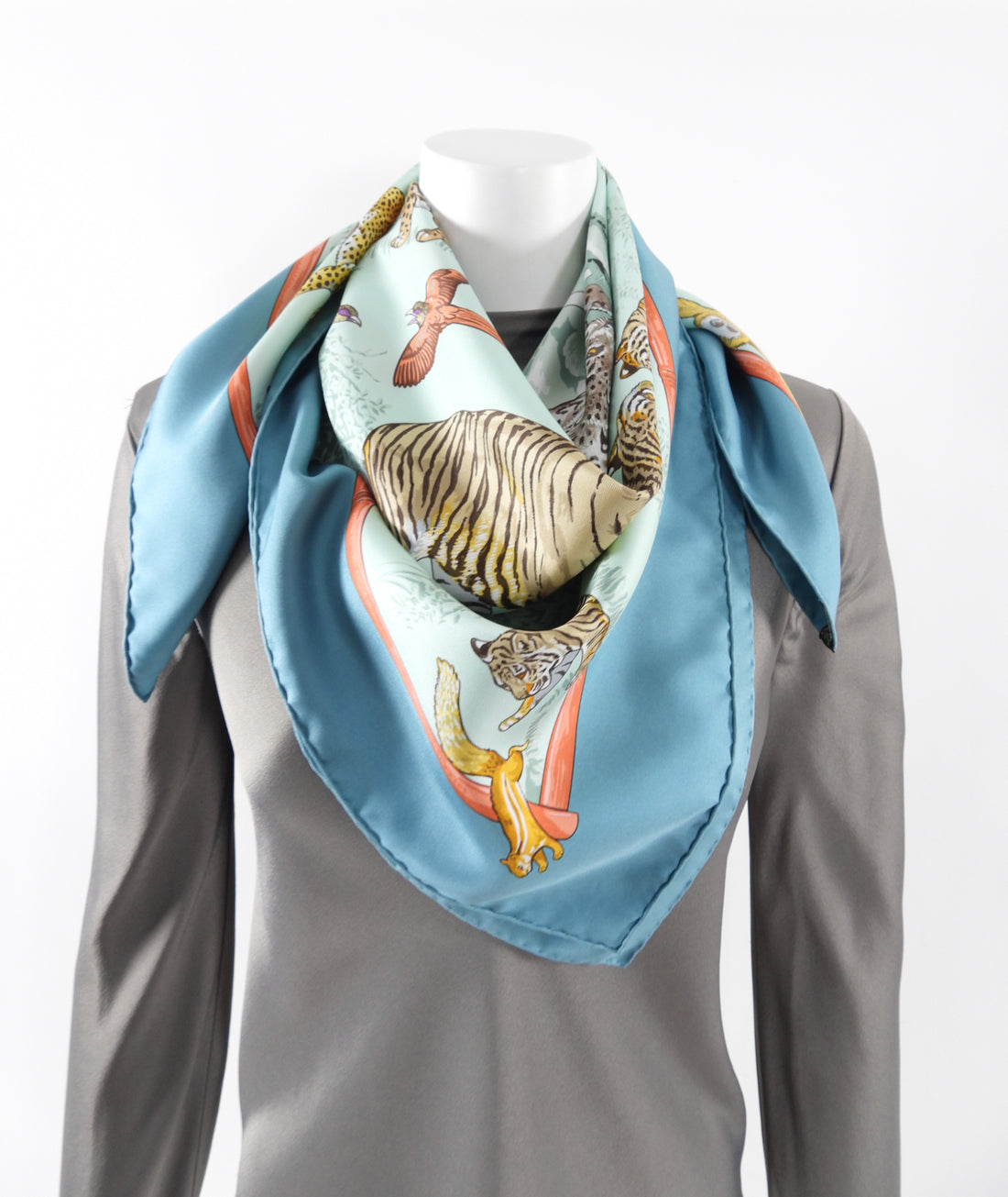 Hermes Tendresse Feline Blue Jungle Cat Silk Scarf 90cm