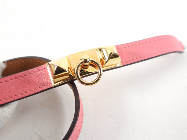 Hermes Rose Azalee Swift Leather Gold Plated Kelly Double Tour Bracelet Size S