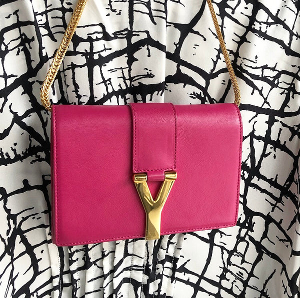 Authentic Saint Laurent Mini Sac Ligne Y Fuchsia Calf 2WAY bag