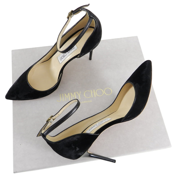 Jimmy Choo Black Velvet Lucy 85mm Heels with Ankle Straps - 36 – I 