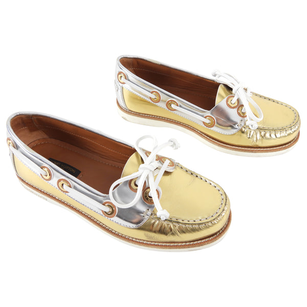 Louis Vuitton Metallic Gold And Silver Leather Marina Boat Loafers Size 39 Louis  Vuitton