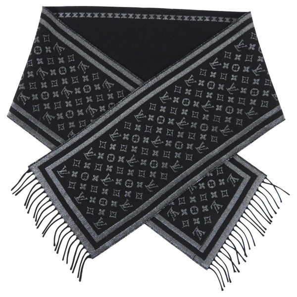 Louis Vuitton Stories Logomania Embellished Muffler Scarf Black Wool Silk  Knit