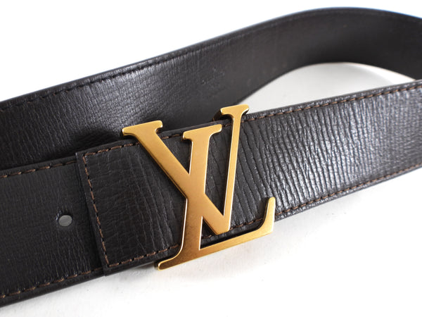 LOUIS VUITTON Size 44 Dark Gold Brass LV Buckle Brown Utah Leather Belt