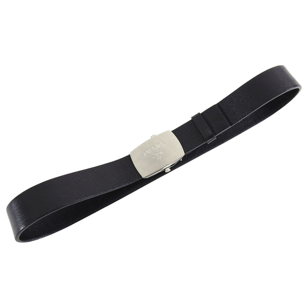 Prada Black Leather Belt with Silver Buckle - 30