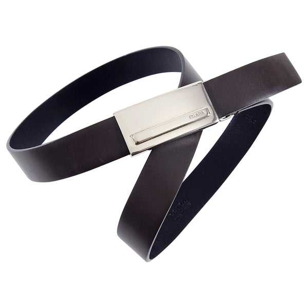 PRADA Brown Leather Belt outlet Silvertone Buckle Size 75/30