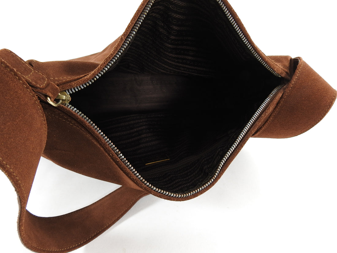 Prada Brown Suede Logo Shoulder Shopper Bag