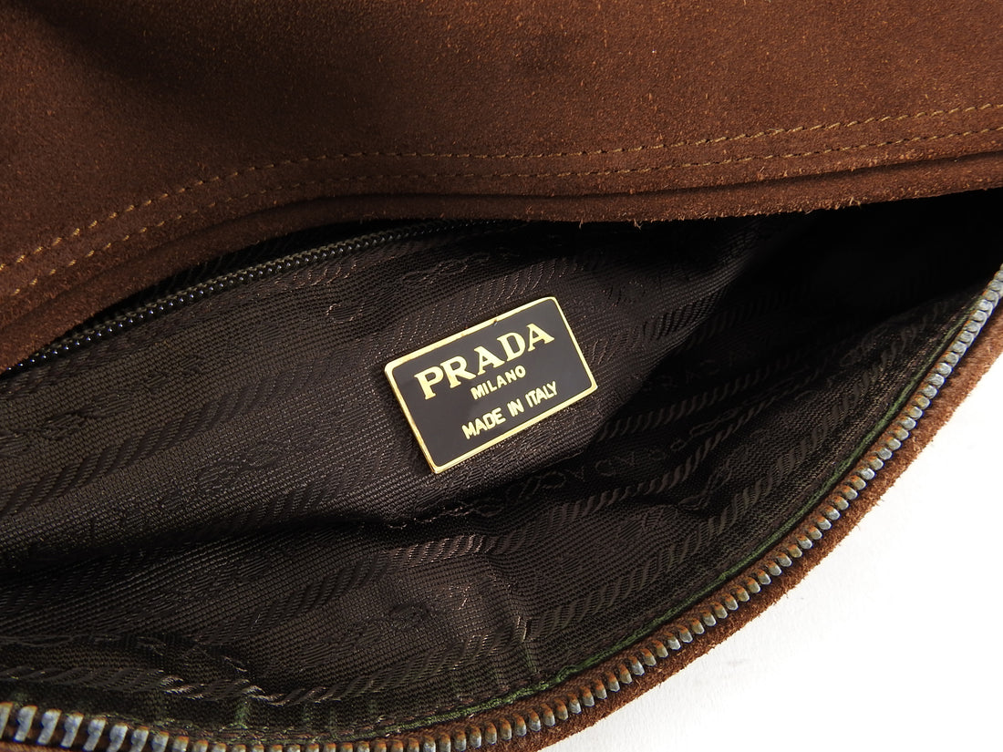 Prada Brown Suede Logo Shoulder Shopper Bag