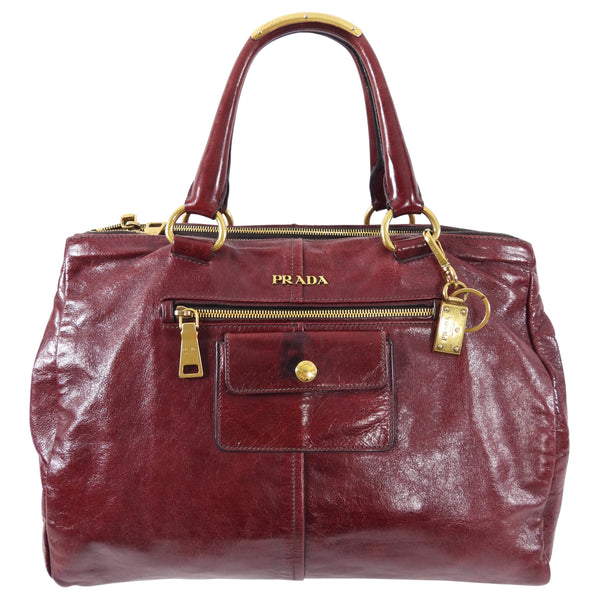 Double leather tote Prada Burgundy in Leather - 33390166