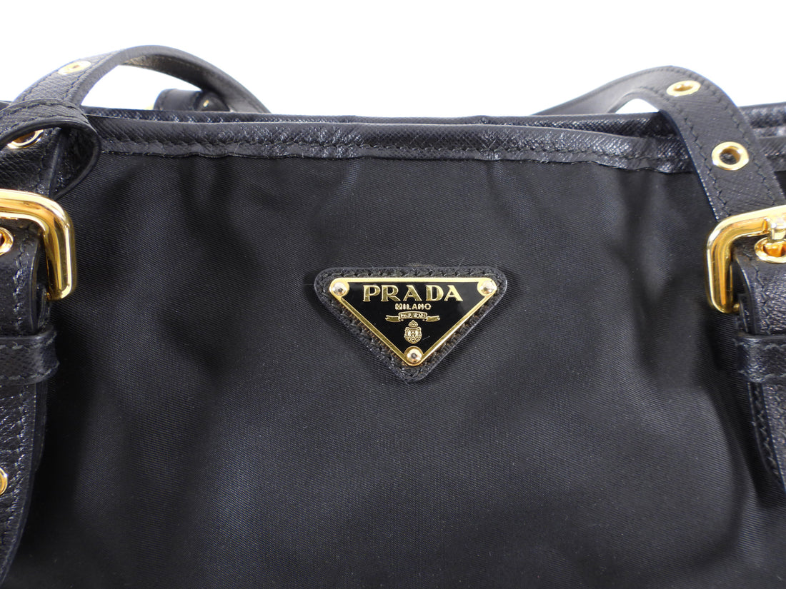Prada Tessuto Black Nylon Saffiano Trim Tote Bag