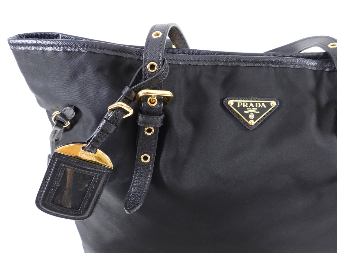 Prada Tessuto Black Nylon Saffiano Trim Tote Bag
