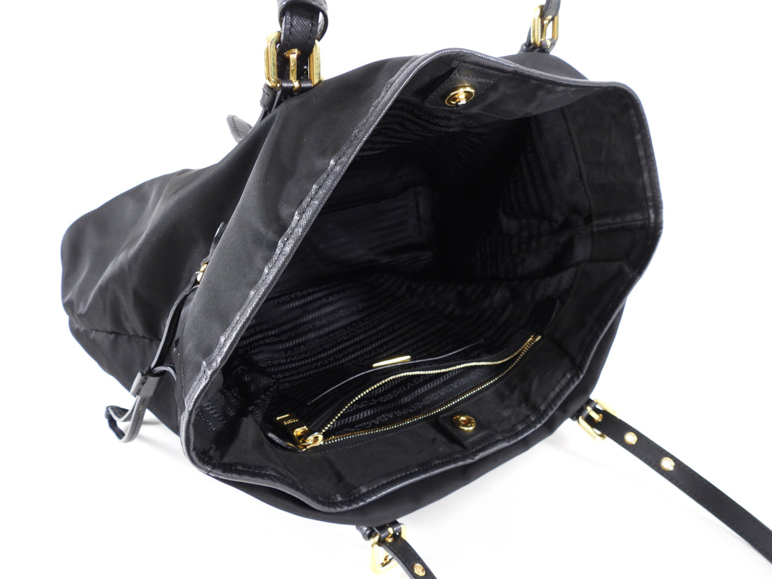 Prada Tessuto Black Nylon Saffiano Trim Tote Bag