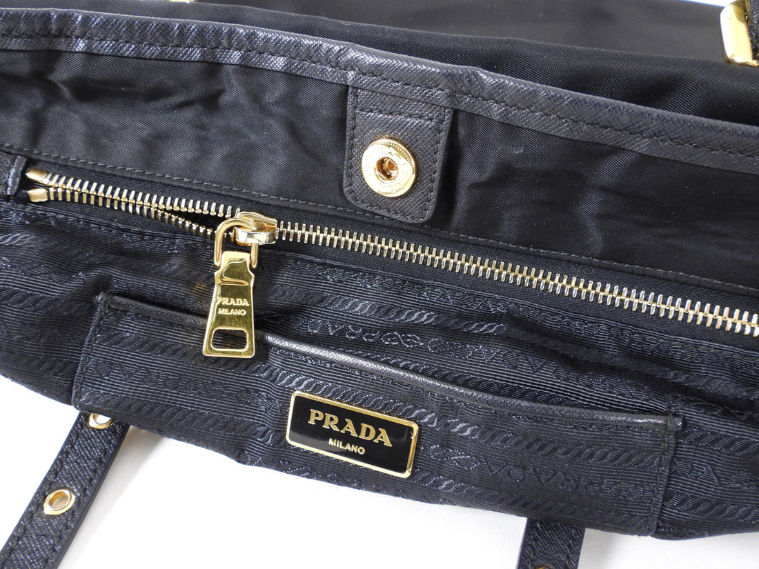 Prada Tessuto Black Nylon Saffiano Trim Tote Bag