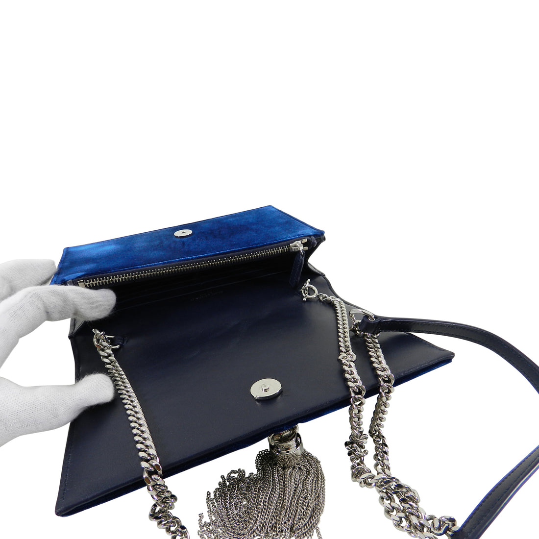 Saint Laurent Kate Tassel Blue Velvet and Rhinestone Crossbody Bag