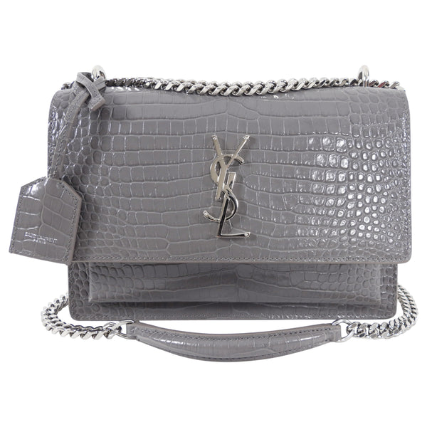 Saint Laurent Grey Croc Embossed Leather Mini Sunset Chain Bag, myGemma, NL