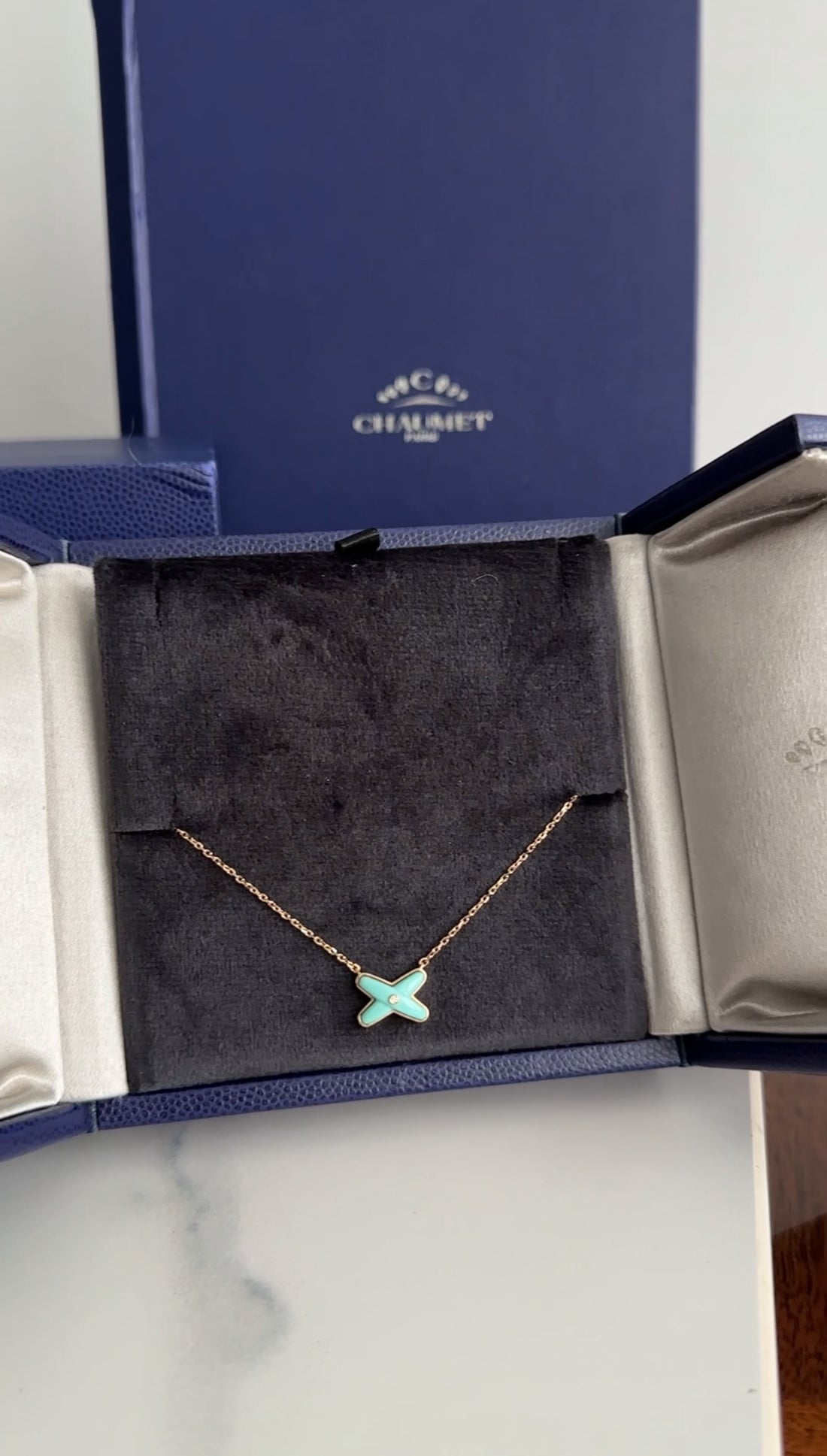 Chaumet 18k Rose Gold Diamond Turquoise Jeux de Liens Pendant Necklace