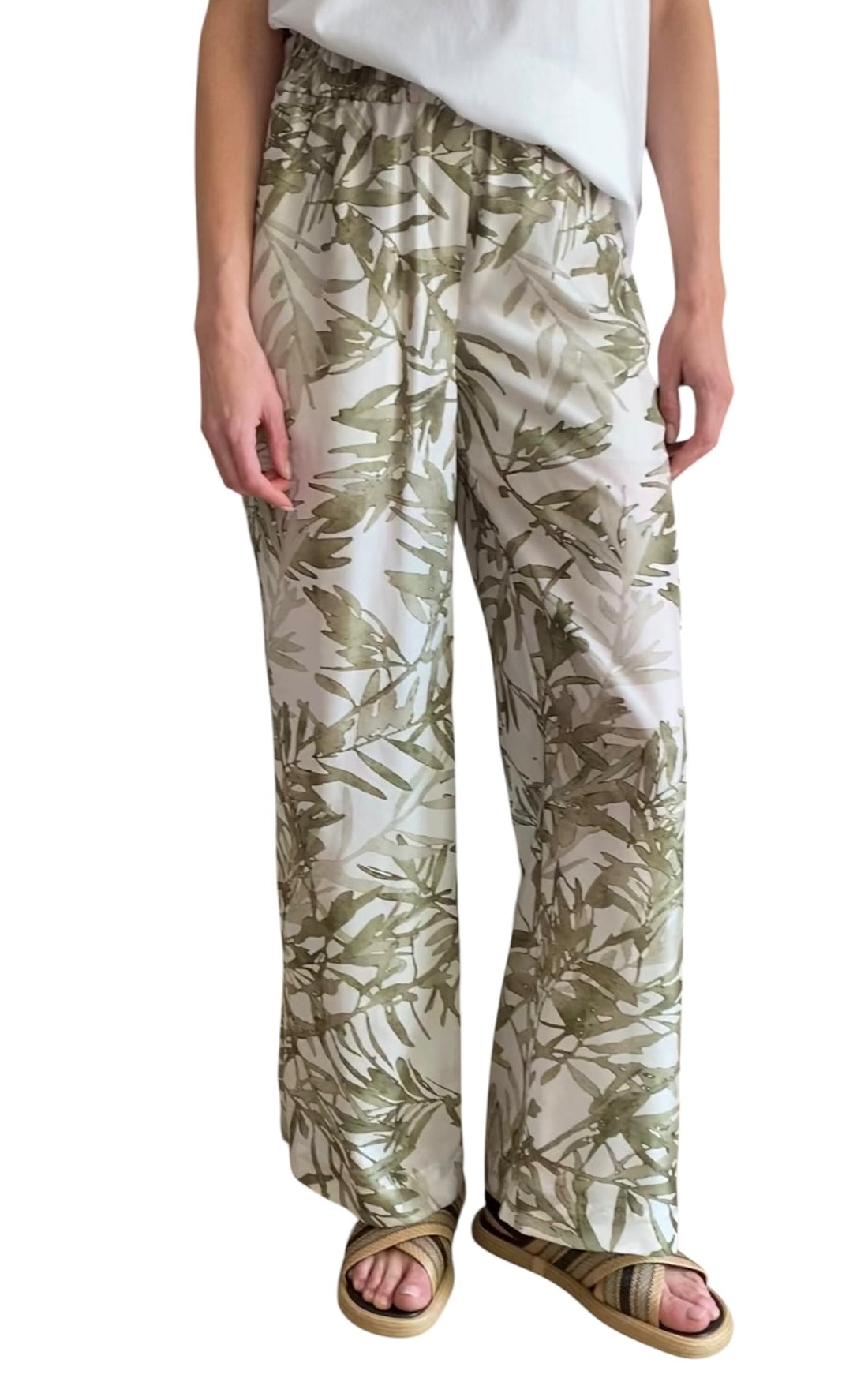 Brunello Cucinelli Green Silk Olive Print Wide Leg Trousers - S / US 6