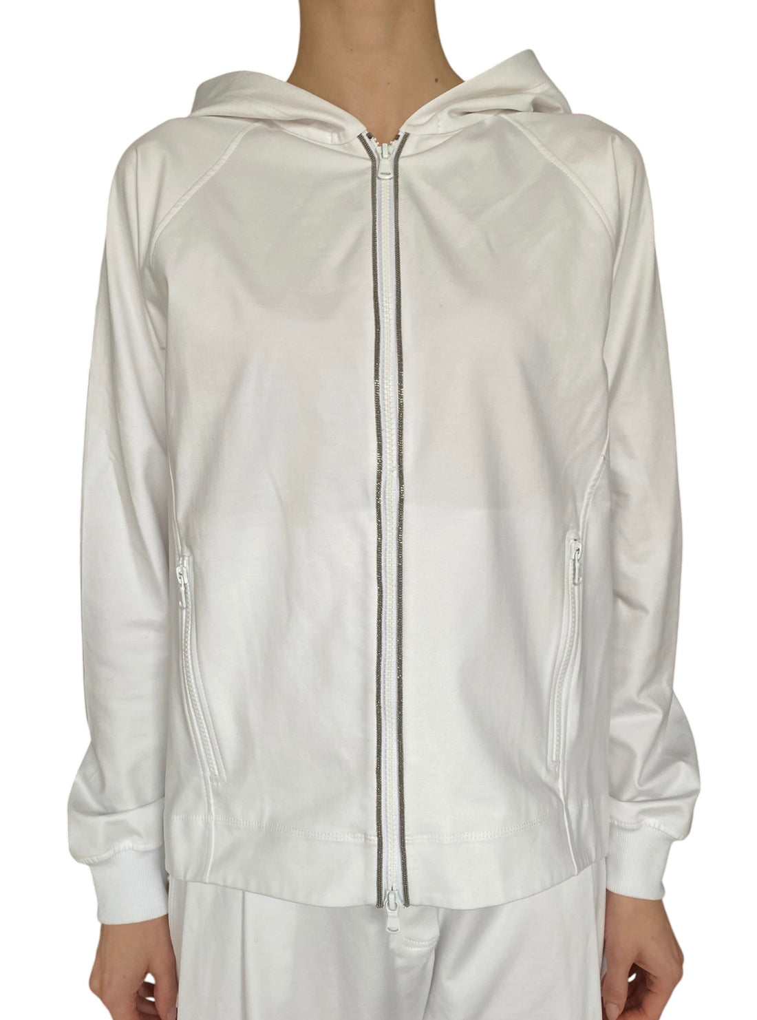 Brunello Cucinelli White Jersey Monili Hoodie - L