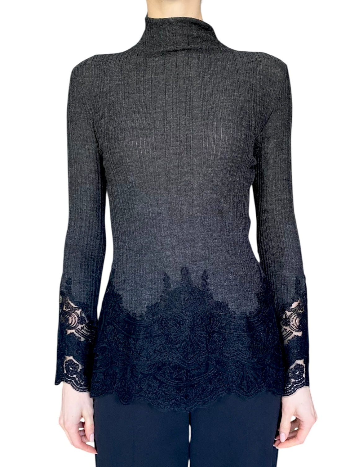 Ermanno Scervino Grey Wool Lace Trim Ribbed Turtleneck - IT 44 / US 8
