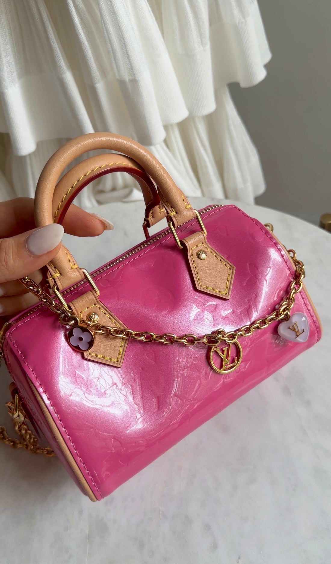 Louis Vuitton New Pink Monogram Vernis Nano Speedy Bag with Chain Strap
