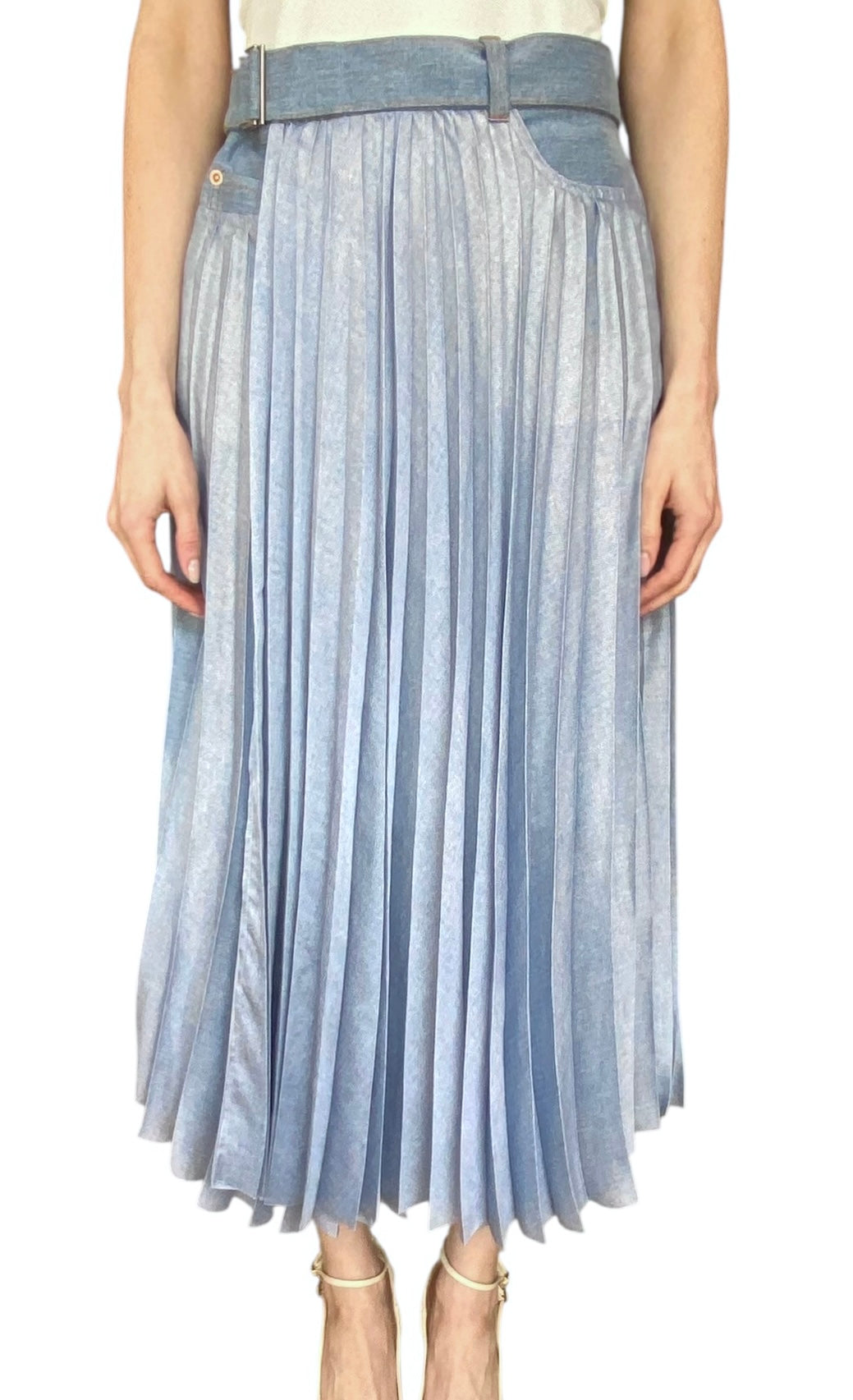 Sacai Blue Denim Pleated Belted Midi Skirt - JP 2 / US 6