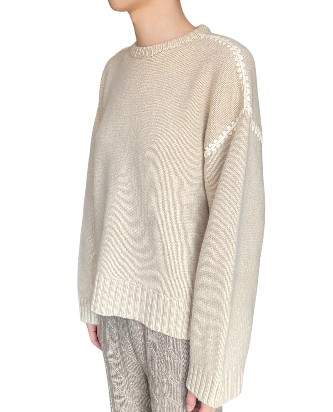 Toteme Beige Embroidered Trim Wool Cashmere Knit Sweater - XS