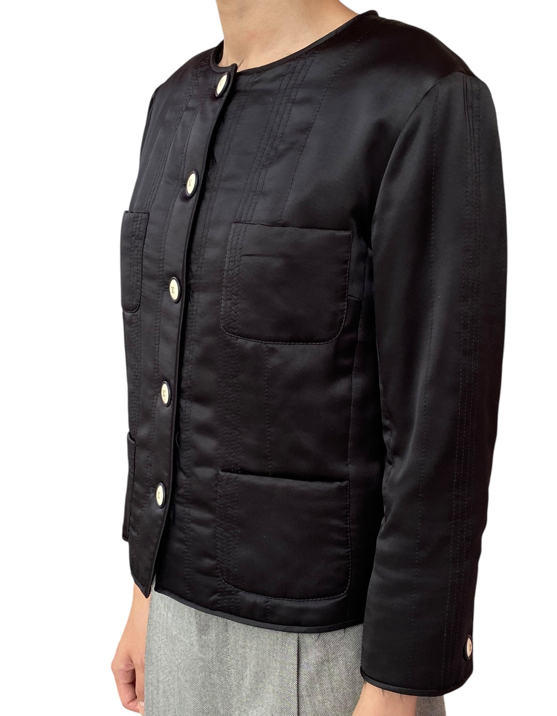 Chanel Black Quilted Silk Satin Faux Fur Trim Jacket - 42 / US 6