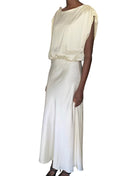 Moré Noir Ivory Victoria Satin Power Shoulder Maxi Gown - M
