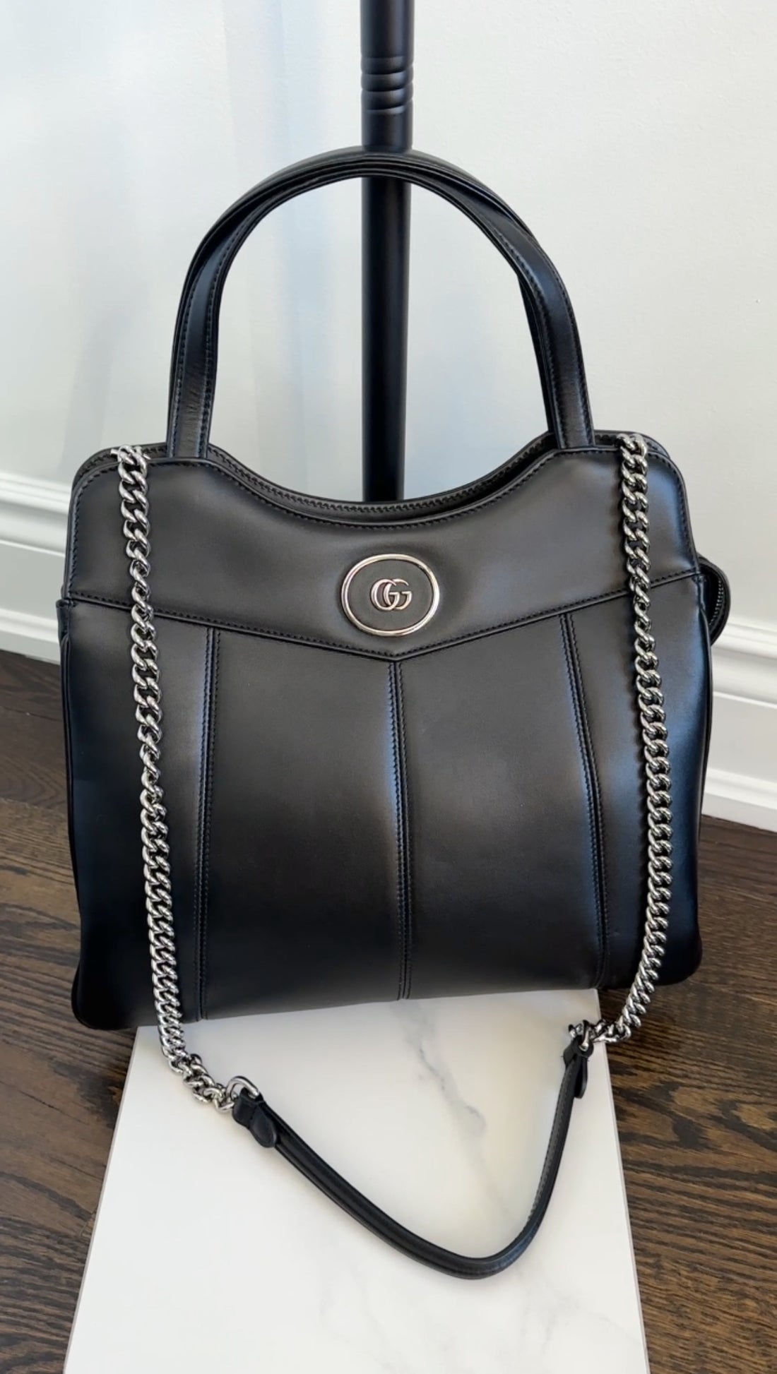 Gucci Black Leather Petite GG Two Way Tote Bag