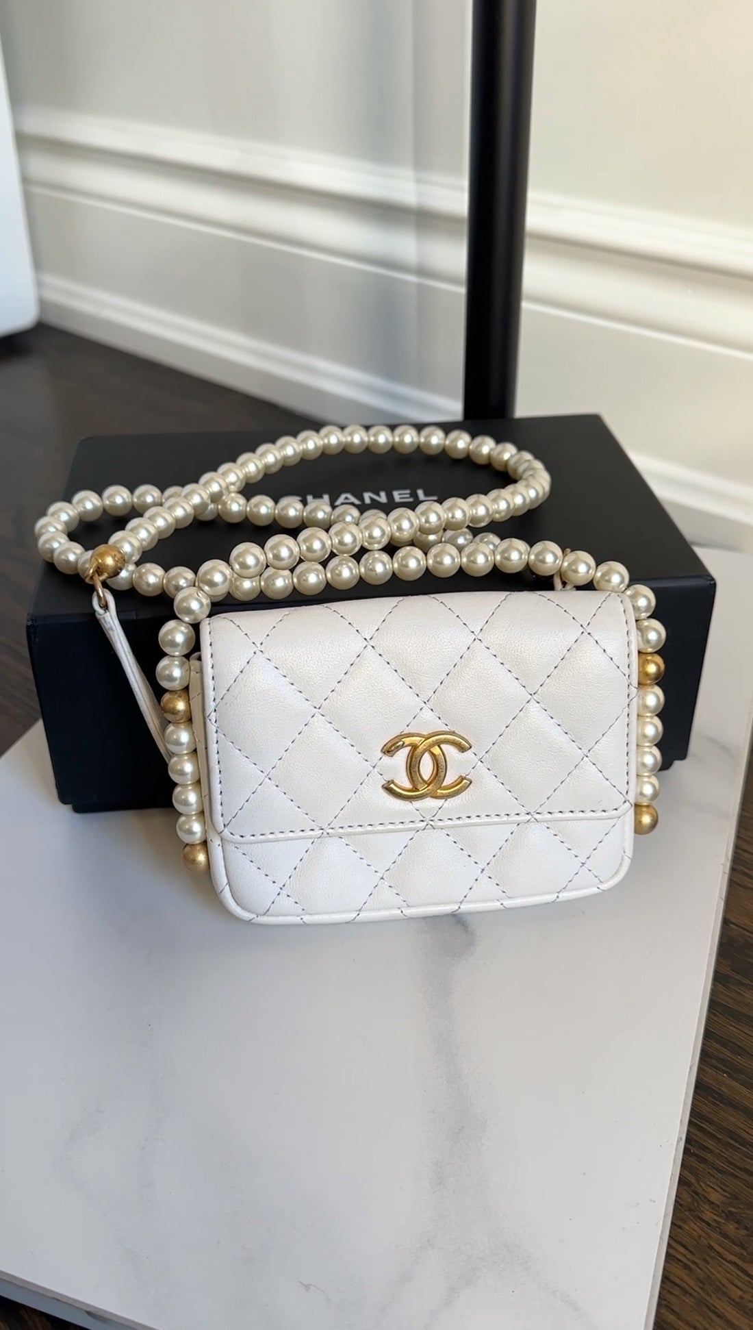 Chanel Ivory White About Pearls Mini Card Holder on Strap