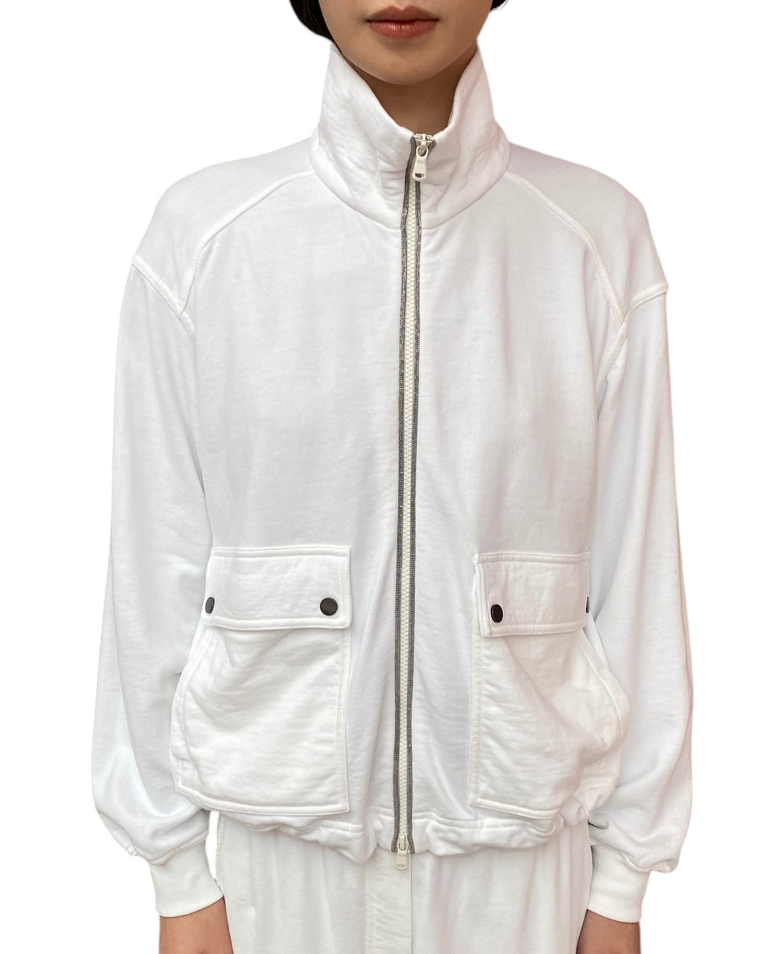 Brunello White Monili Embellished Zip Sweatshirt - M