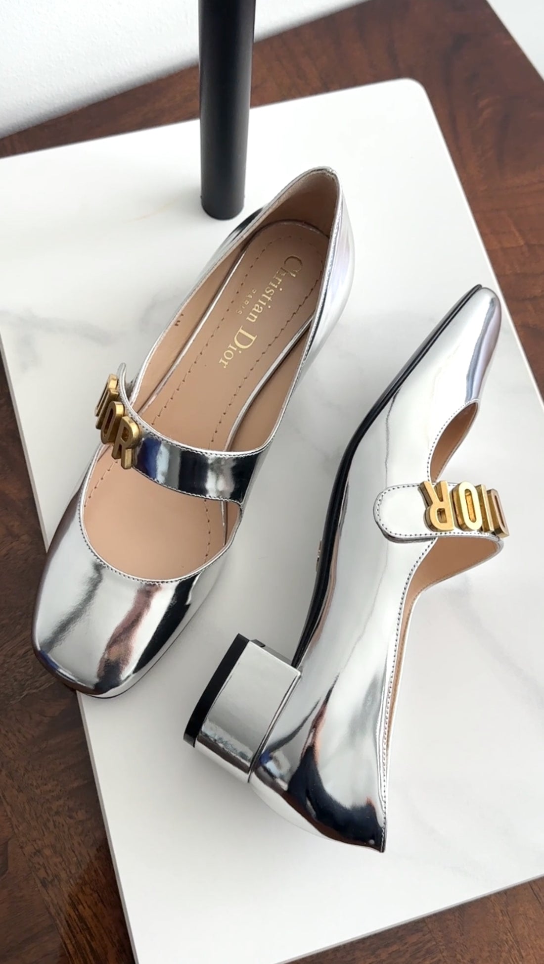 Christian Dior Silver Metallic Baby D Block Heel Mary Jane Shoes - 35.5
