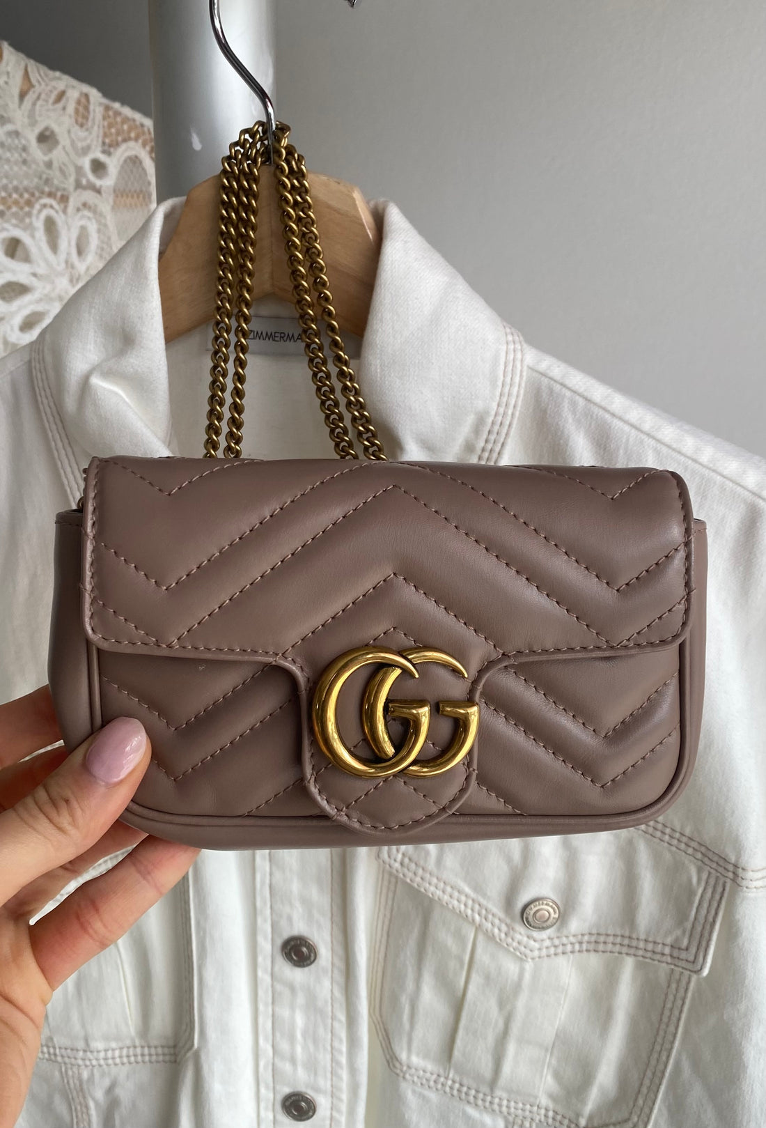 Gucci Taupe Super Mini Matelasse Marmont Crossbody Chain Bag
