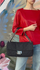 Chanel Black 2009 Ruched Nylon Patent CC Large Cloquee Flap Bag