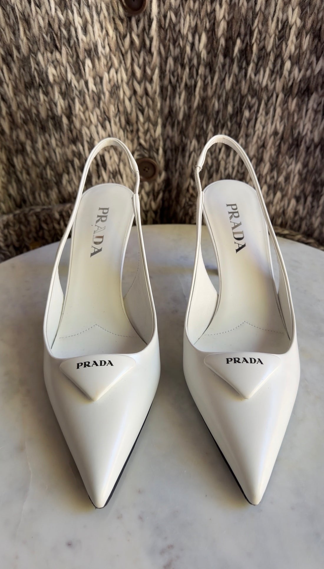 Prada White Brushed Leather Triangle Slingback Pumps - 38