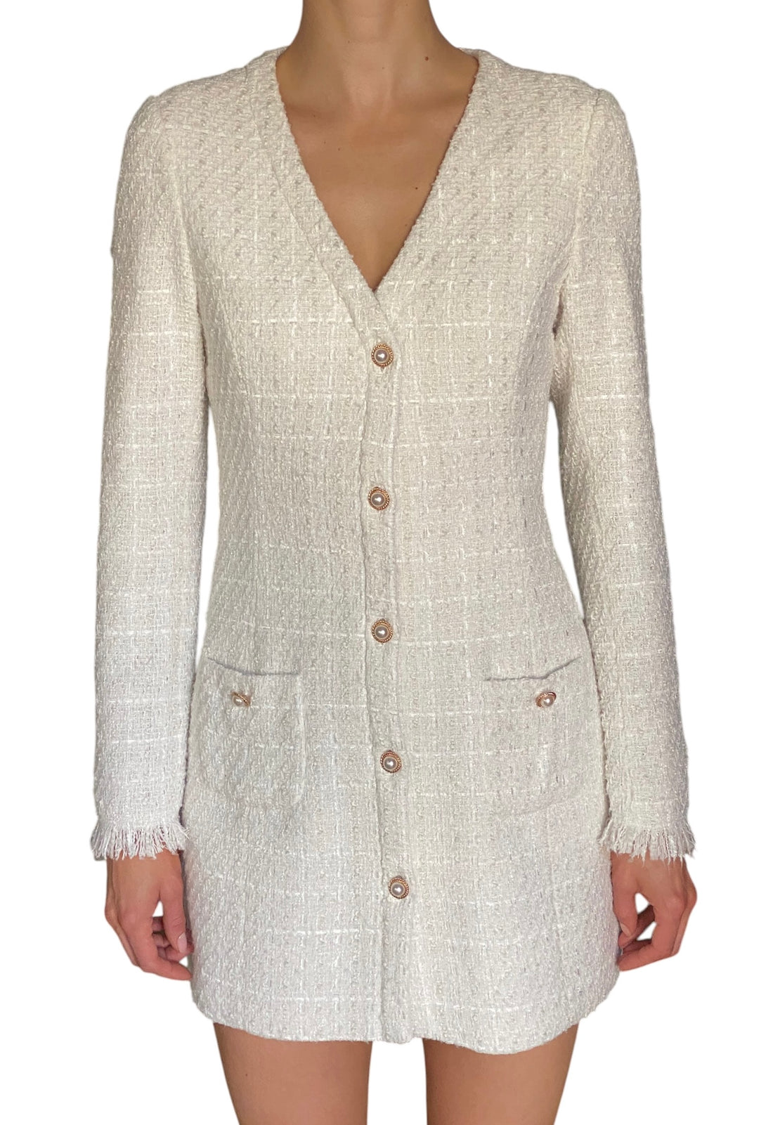 Sau Lee White Tweed Pearl Button Blazer Mini Dress - US 4
