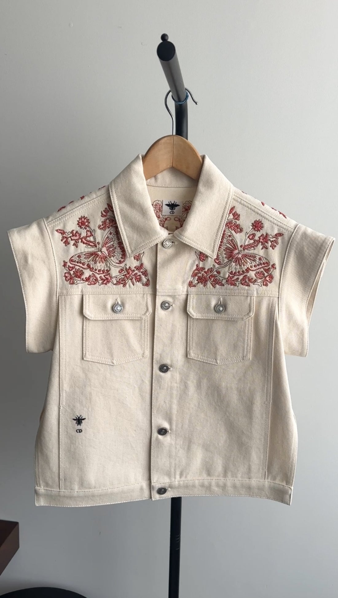 Dior Ivory Denim Jacket with Coral Butterfly Bead Detail - FR38 / 6