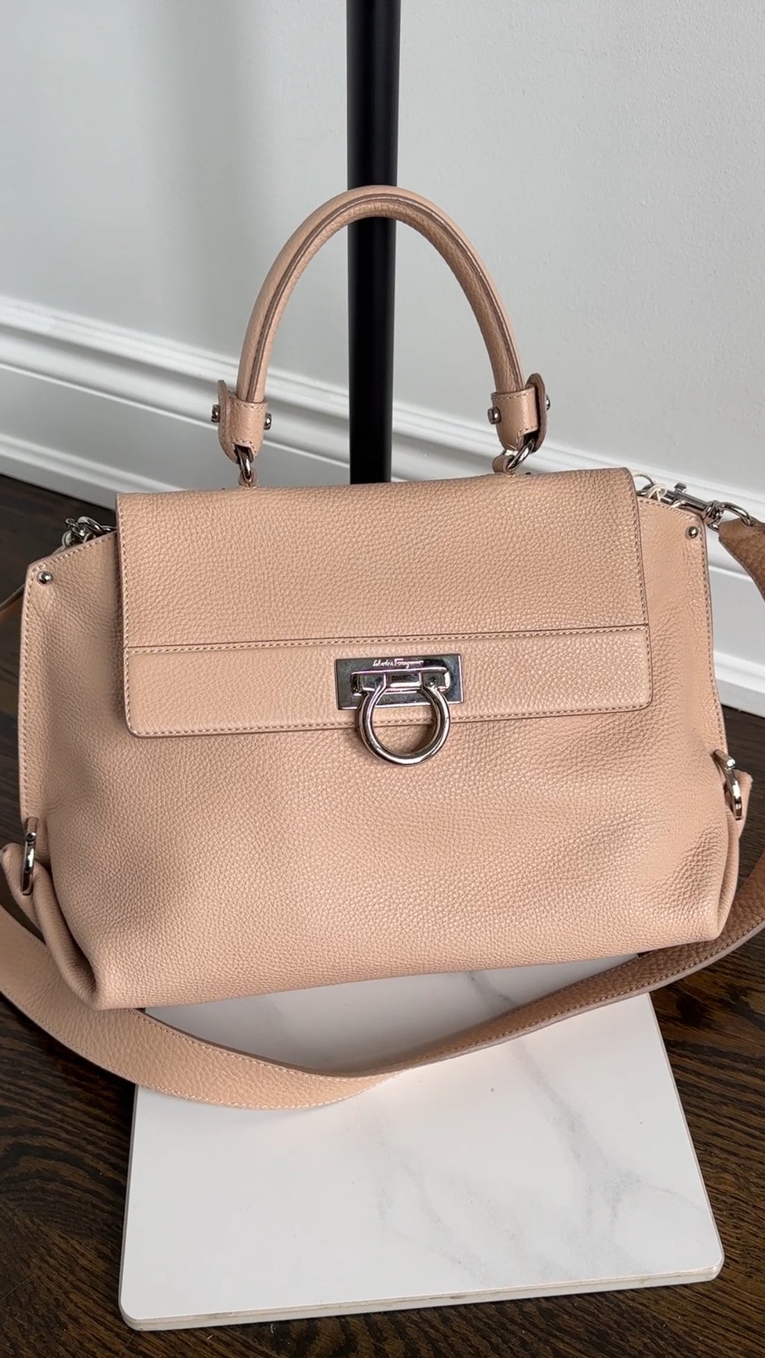 Salvatore Ferragamo Gancini Sofia Nude Grained Leather Two Way Handbag