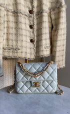 Chanel 24P Quilted Pale Ice Blue Shiny Lambskin Pearl Twist Mini Square Mini Flap Bag