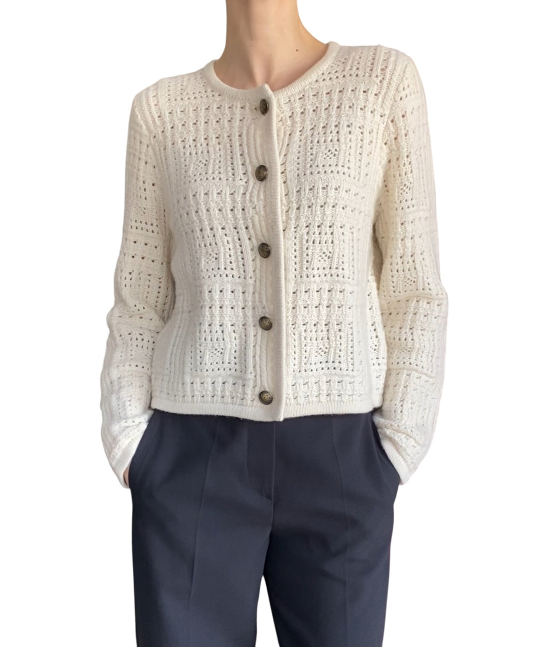 Nili Lotan Ivory “Harry” Cashmere Open Knit Cardigan - S
