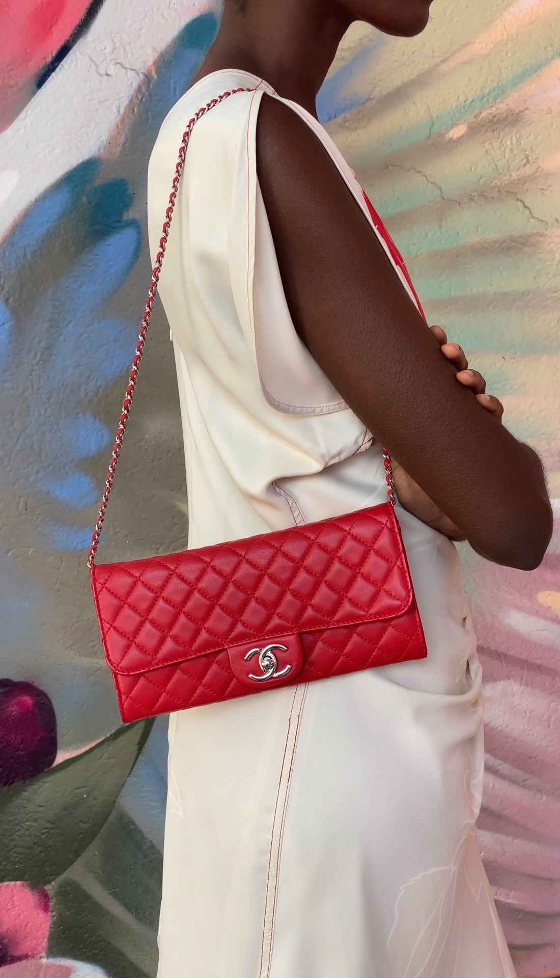 Chanel Red Lambskin Quilted Leather East West Accordion Wallet on Chain Bag
