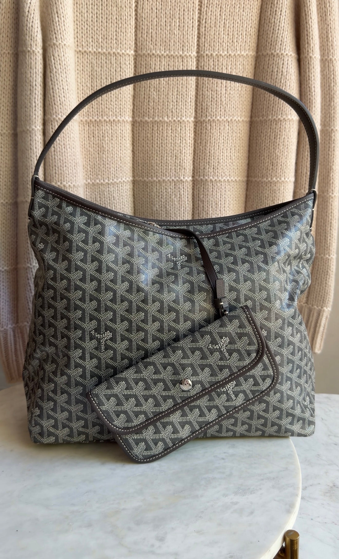 Goyard Grey Goyardine Coated Canvas Boheme Hobo with Pouch