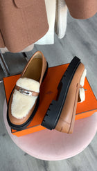 Hermes Tan Icone Shearling Kelly Loafer Shoes - 37