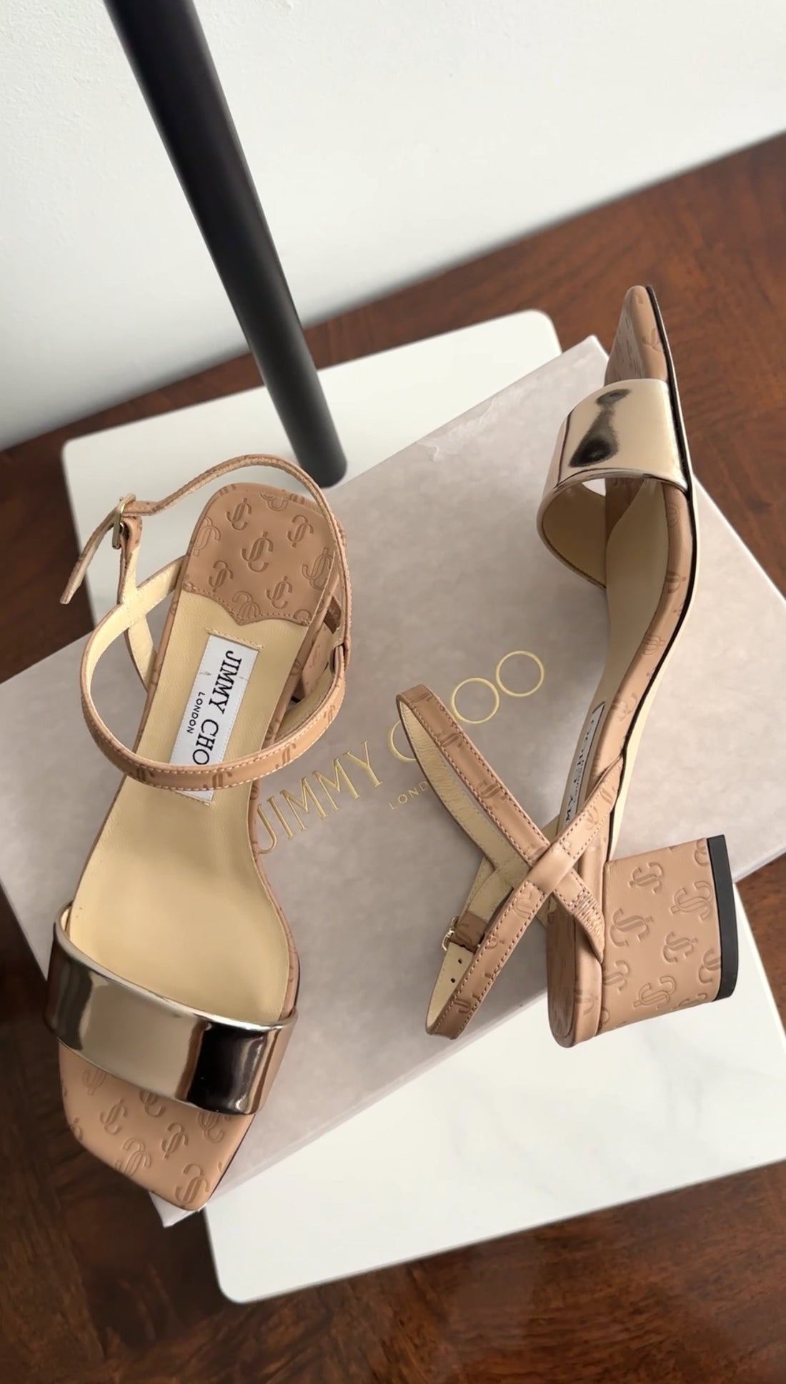 Jimmy Choo Aadra 45 Beige and Gold Block Heel Sandal - 37