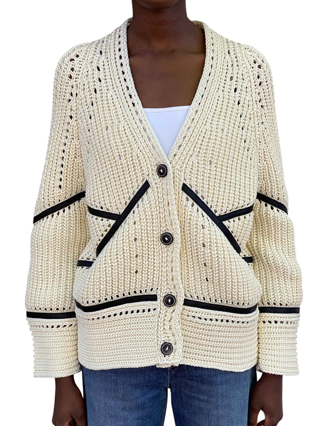 Ermanno Scervino Ivory & Black Leather Trim Cotton Knit Cardigan - S