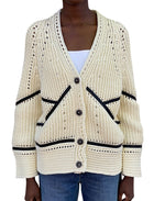 Ermanno Scervino Ivory & Black Leather Trim Cotton Knit Cardigan - S
