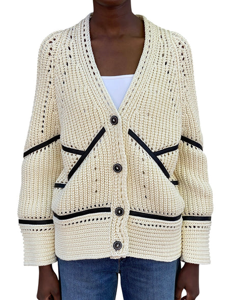Ermanno Scervino Ivory & Black Leather Trim Cotton Knit Cardigan - S