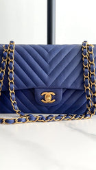 Chanel Blue Chevron Quilted Medium Double Classic Flap Bag GHW