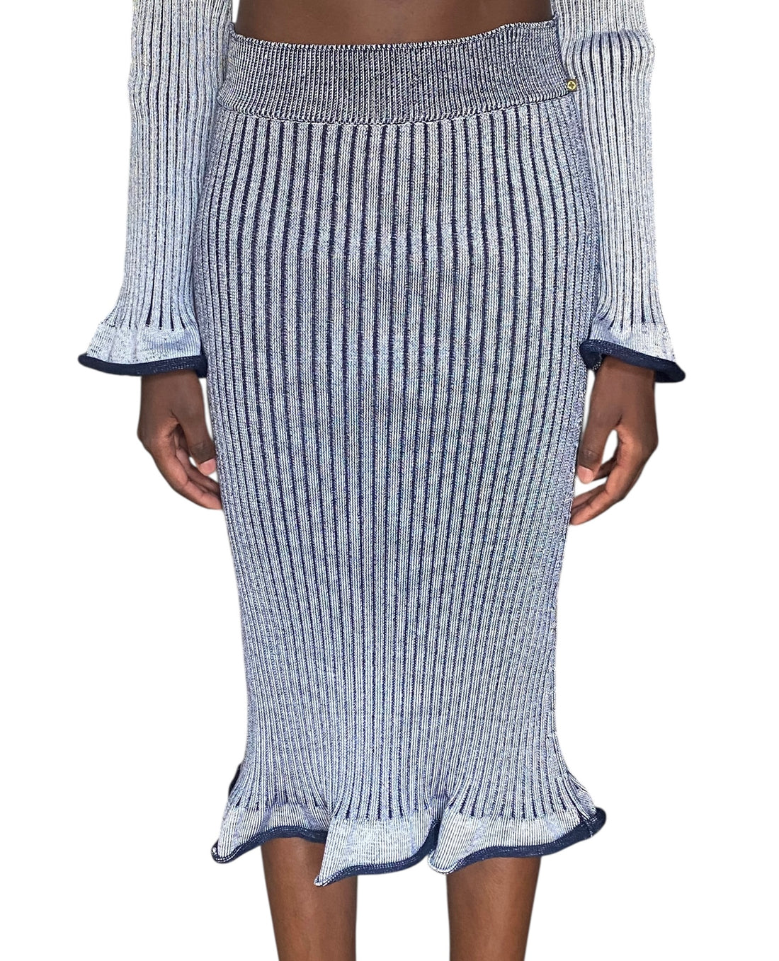 Louis Vuitton 2015 Navy Ribbed Knit Keyhole Sweater Skirt Set - M / US 6