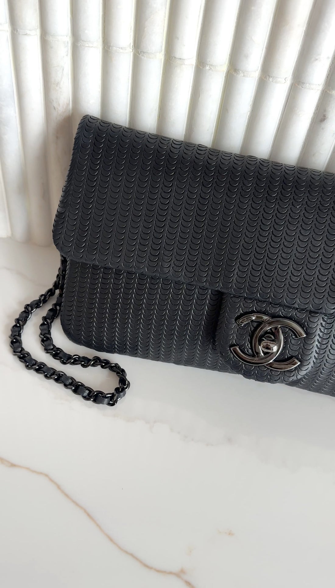 Chanel Black Perforated Leather Medium Flap Chain Wristlet Clutch Bag